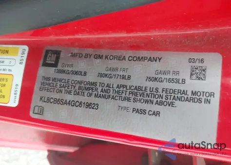 2016 Chevrolet Spark Ls Cvt z USA, uszkodzony, nr VIN KL8CB6SA4GC619623